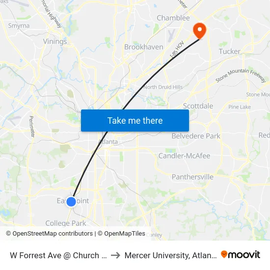 W Forrest Ave @ Church St to Mercer University, Atlanta map