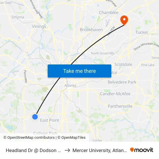 Headland Dr @ Dodson Dr to Mercer University, Atlanta map