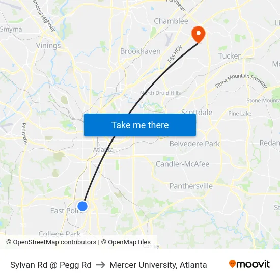 Sylvan Rd @ Pegg Rd to Mercer University, Atlanta map