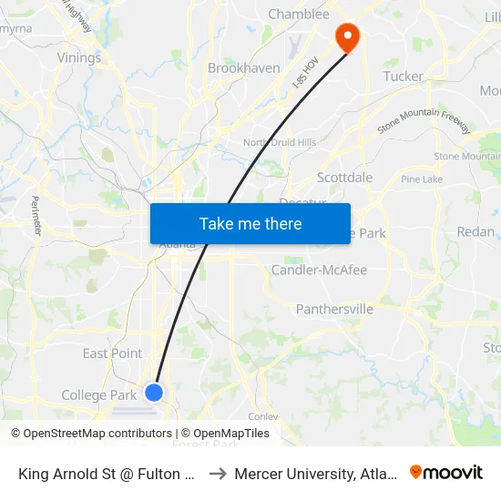 King Arnold St @ Fulton Ave to Mercer University, Atlanta map