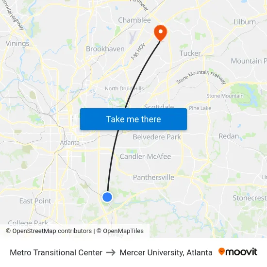 Metro Transitional Center to Mercer University, Atlanta map