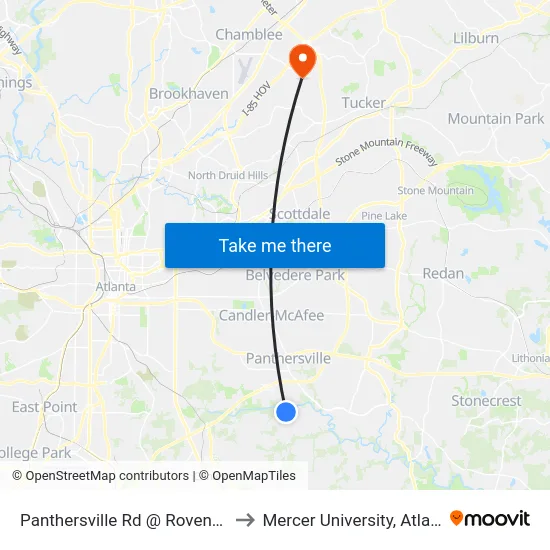 Panthersville Rd @ Rovena Ct to Mercer University, Atlanta map