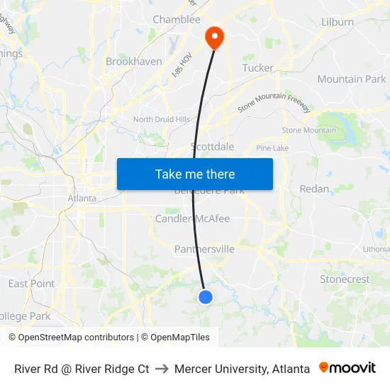 River Rd @ River Ridge Ct to Mercer University, Atlanta map