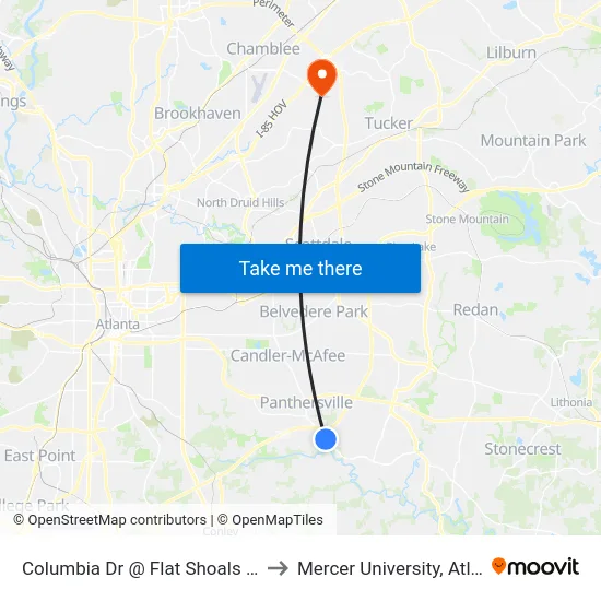 Columbia Dr @ Flat Shoals Pkwy to Mercer University, Atlanta map
