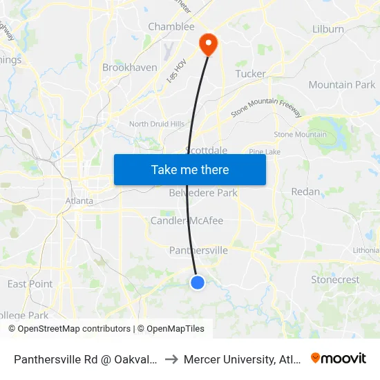 Panthersville Rd @ Oakvale Rd to Mercer University, Atlanta map