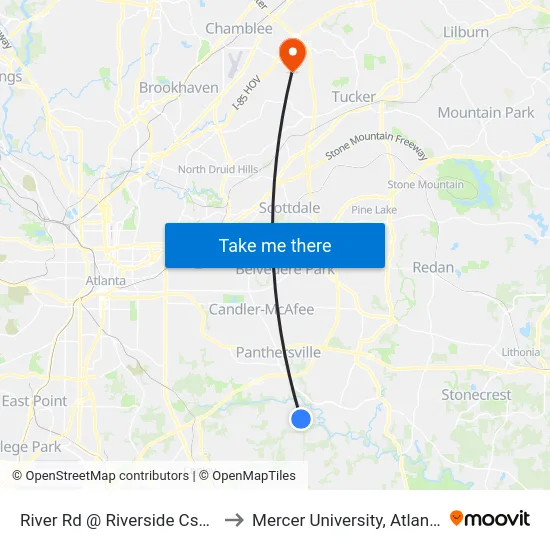 River Rd @ Riverside Cswy to Mercer University, Atlanta map