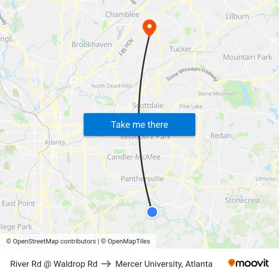 River Rd @ Waldrop Rd to Mercer University, Atlanta map