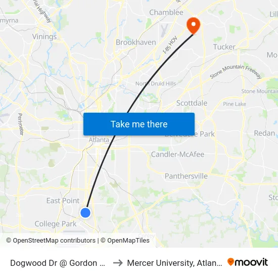 Dogwood Dr @ Gordon Cir to Mercer University, Atlanta map