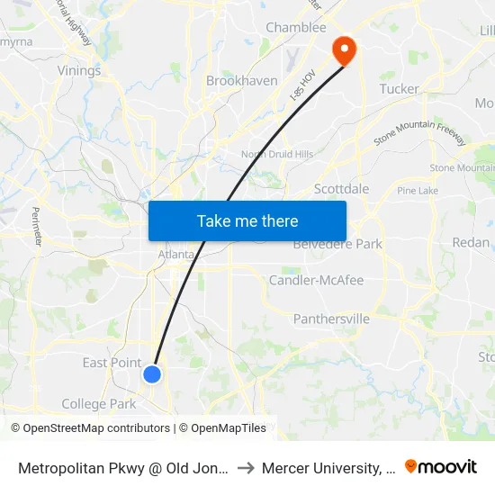 Metropolitan Pkwy @ Old Jonesboro Rd to Mercer University, Atlanta map