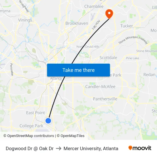 Dogwood Dr @ Oak Dr to Mercer University, Atlanta map