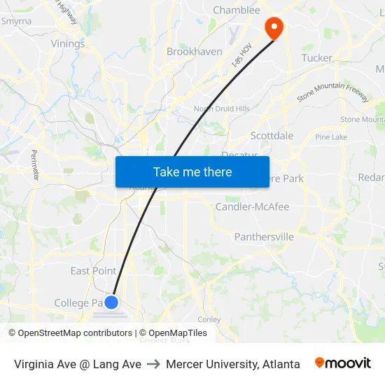 Virginia Ave @ Lang Ave to Mercer University, Atlanta map