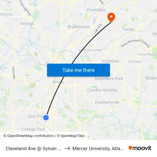 Cleveland Ave @ Sylvan Rd to Mercer University, Atlanta map
