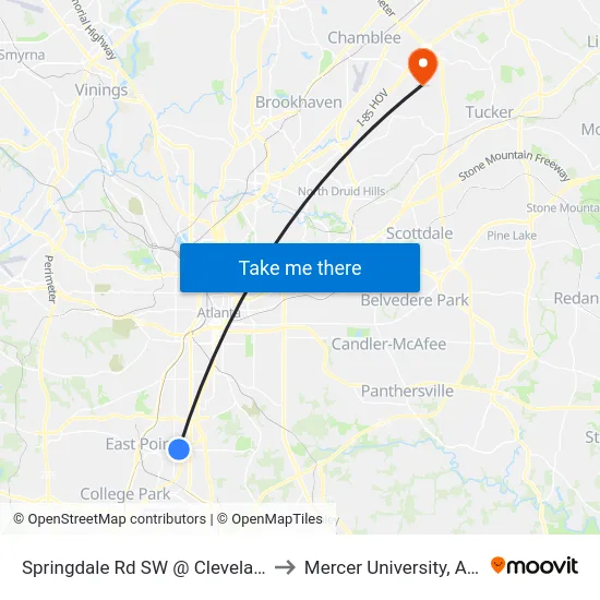 Springdale Rd SW @ Cleveland Ave to Mercer University, Atlanta map