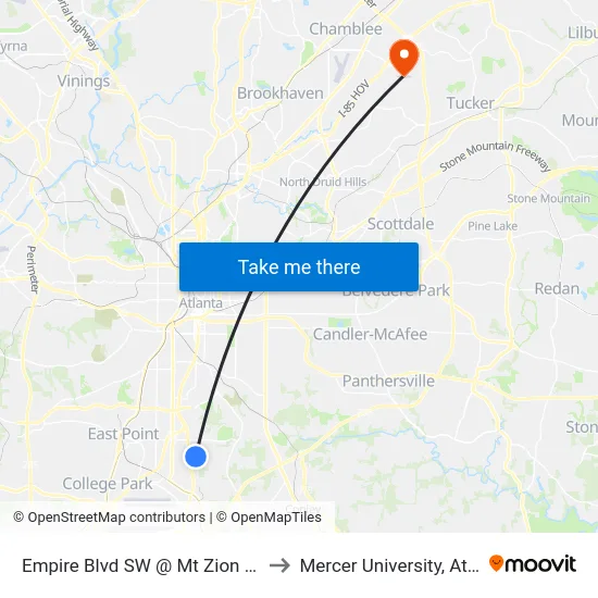 Empire Blvd SW @ Mt Zion Rd SW to Mercer University, Atlanta map