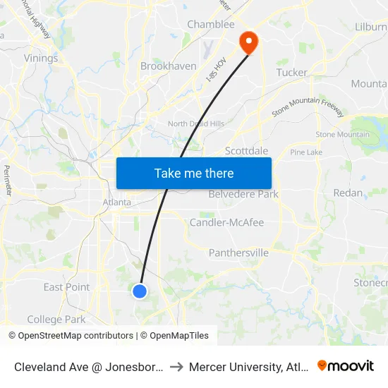 Cleveland Ave @ Jonesboro Rd to Mercer University, Atlanta map