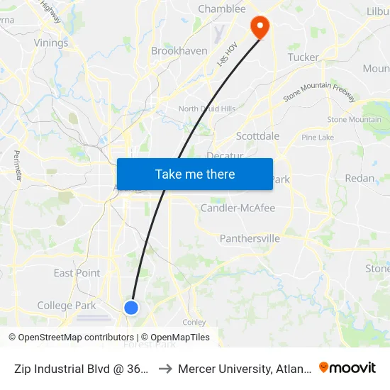 Zip Industrial Blvd @ 3675 to Mercer University, Atlanta map
