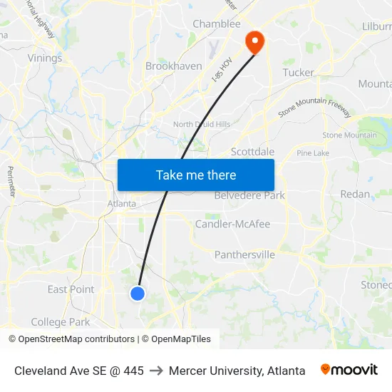 Cleveland Ave SE @ 445 to Mercer University, Atlanta map