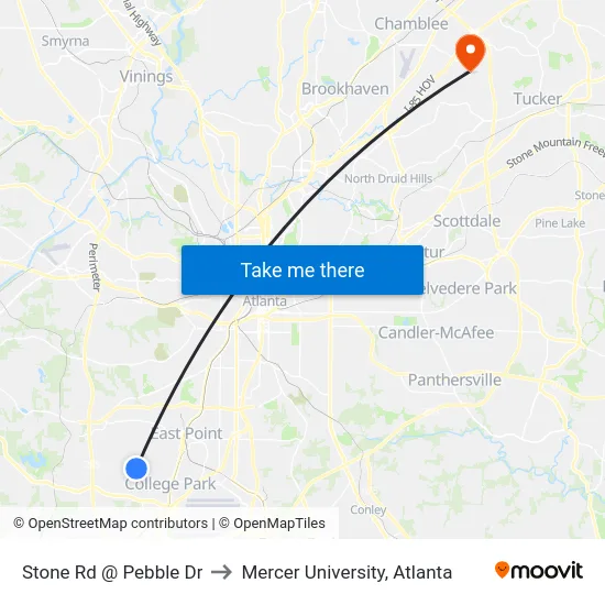 Stone Rd @ Pebble Dr to Mercer University, Atlanta map