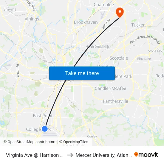 Virginia Ave @ Harrison Rd to Mercer University, Atlanta map