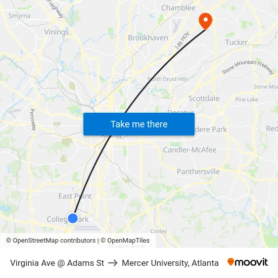 Virginia Ave @ Adams St to Mercer University, Atlanta map