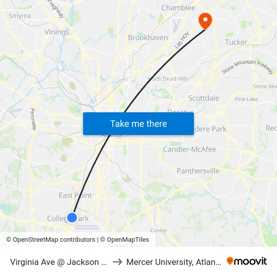 Virginia Ave @ Jackson St to Mercer University, Atlanta map