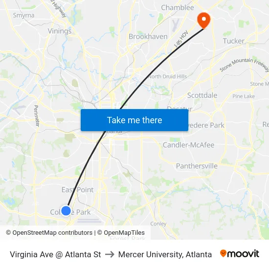 Virginia Ave @ Atlanta St to Mercer University, Atlanta map