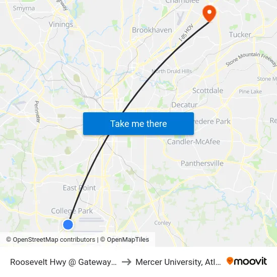 Roosevelt Hwy @ Gateway Blvd to Mercer University, Atlanta map