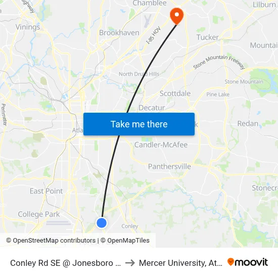 Conley Rd SE @ Jonesboro Rd SE to Mercer University, Atlanta map