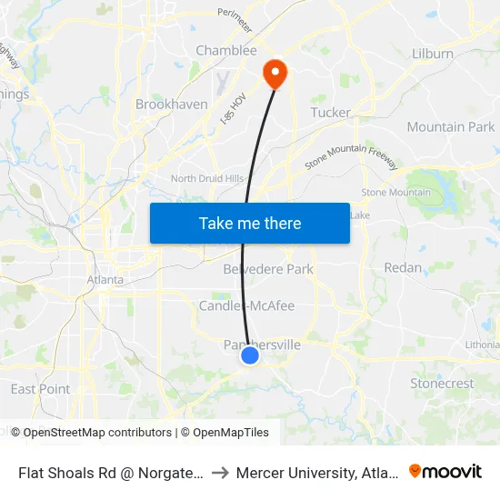 Flat Shoals Rd @ Norgate Ln to Mercer University, Atlanta map
