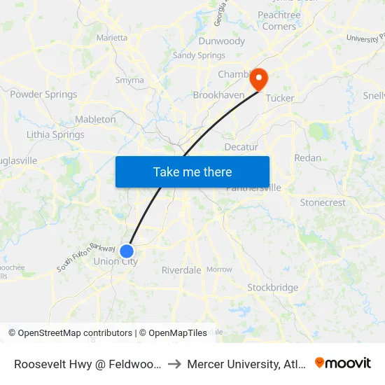 Roosevelt Hwy @ Feldwood Rd to Mercer University, Atlanta map