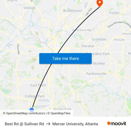 Best Rd @ Sullivan Rd to Mercer University, Atlanta map