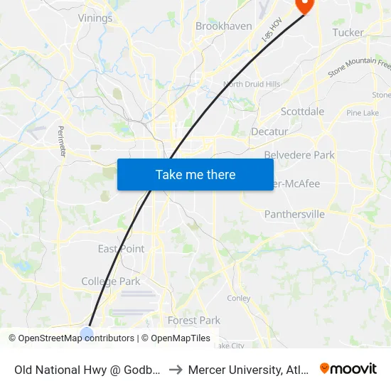 Old National Hwy @ Godby Rd to Mercer University, Atlanta map
