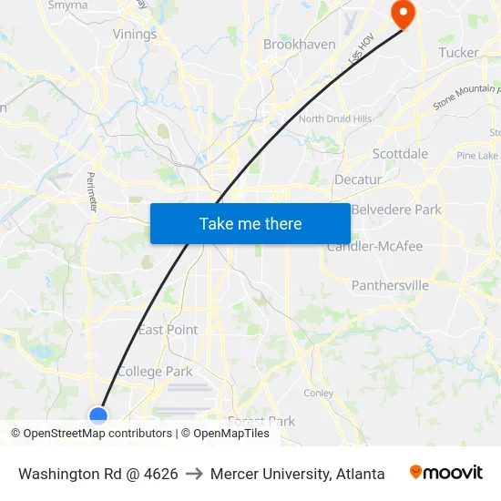 Washington Rd @ 4626 to Mercer University, Atlanta map