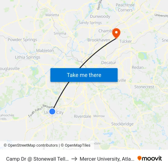 Camp Dr @ Stonewall Tell Rd to Mercer University, Atlanta map
