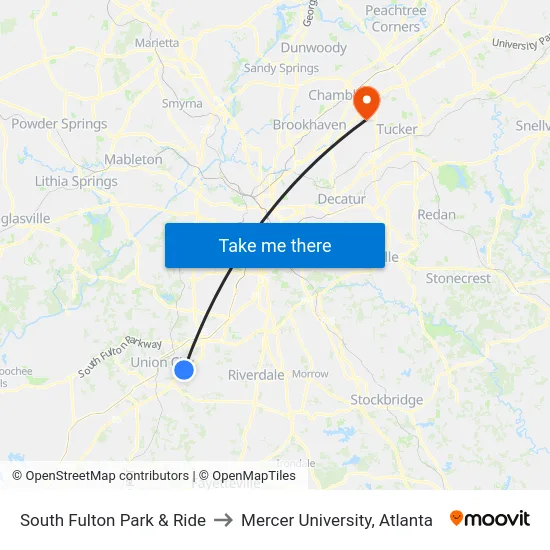 South Fulton Park & Ride to Mercer University, Atlanta map