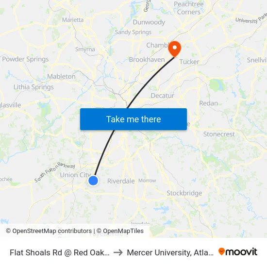 Flat Shoals Rd @ Red Oak Rd to Mercer University, Atlanta map