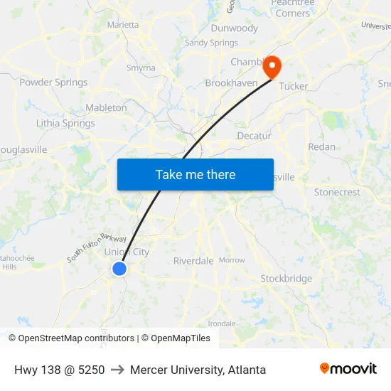 Hwy 138 @ 5250 to Mercer University, Atlanta map