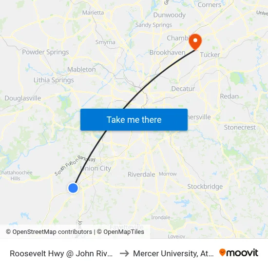 Roosevelt Hwy @ John Rivers Rd to Mercer University, Atlanta map
