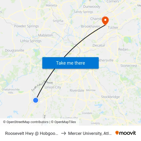 Roosevelt Hwy @ Hobgood Rd to Mercer University, Atlanta map