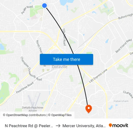 N Peachtree Rd @ Peeler Rd to Mercer University, Atlanta map