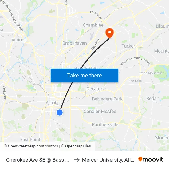 Cherokee Ave SE @ Bass St SE to Mercer University, Atlanta map