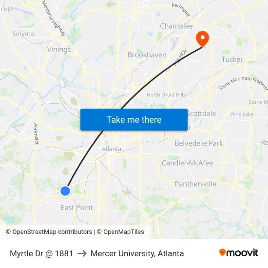 Myrtle Dr @ 1881 to Mercer University, Atlanta map