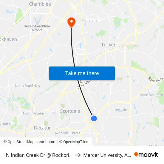 N Indian Creek Dr @ Rockbridge Rd to Mercer University, Atlanta map