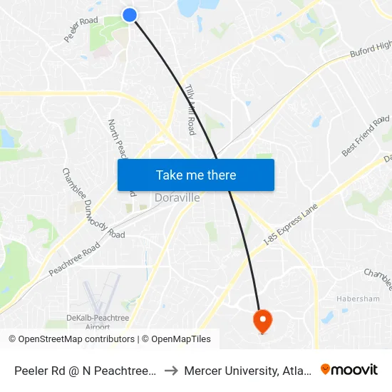 Peeler Rd @ N Peachtree Rd to Mercer University, Atlanta map