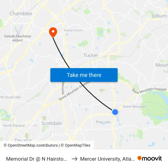 Memorial Dr @ N Hairston Rd to Mercer University, Atlanta map
