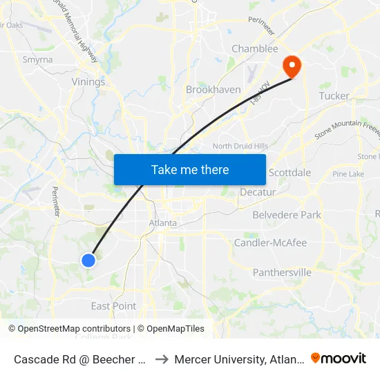 Cascade Rd @ Beecher Rd to Mercer University, Atlanta map