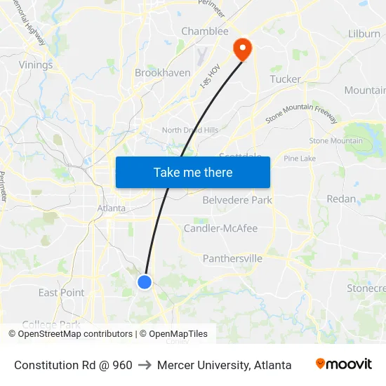 Constitution Rd @ 960 to Mercer University, Atlanta map