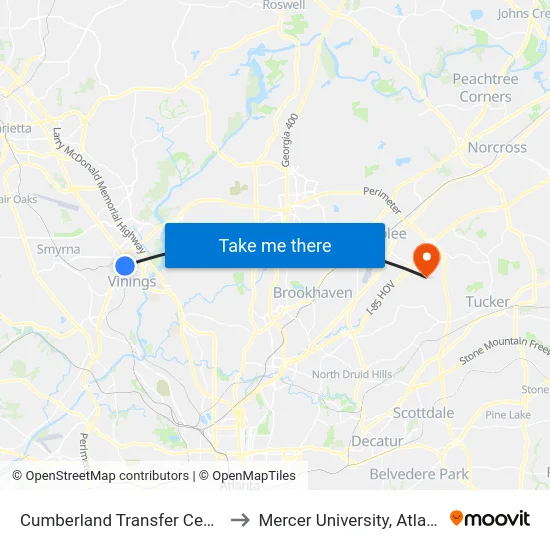 Cumberland Transfer Center to Mercer University, Atlanta map