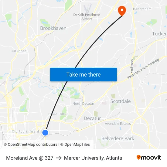 Moreland Ave @ 327 to Mercer University, Atlanta map