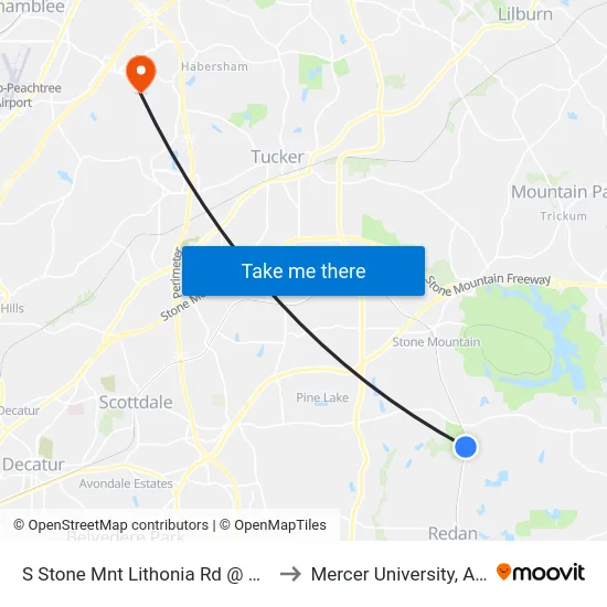 S Stone Mnt Lithonia Rd @ Wells Cir to Mercer University, Atlanta map